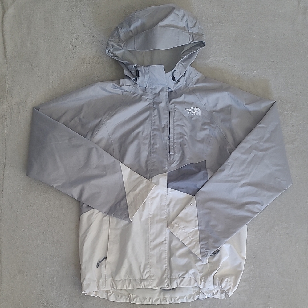 The North Face HyVent Hooded Rain Jacket Gray White Womens Small Waterproof